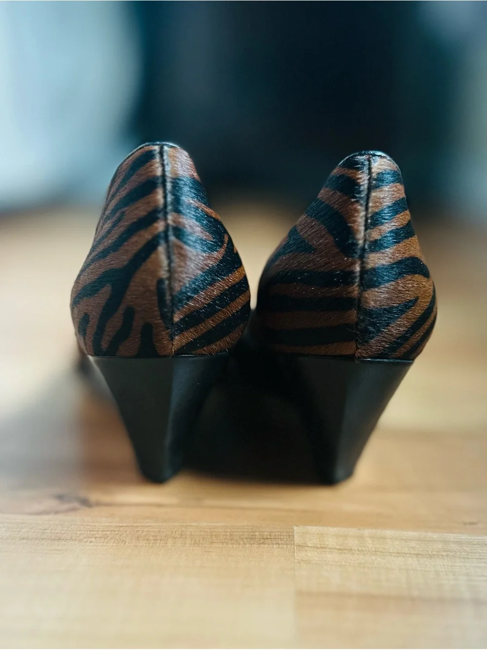 Johnston & Murphy Brown and Black Zebra Animal Print/Hair-calf Low Wedge Pumps